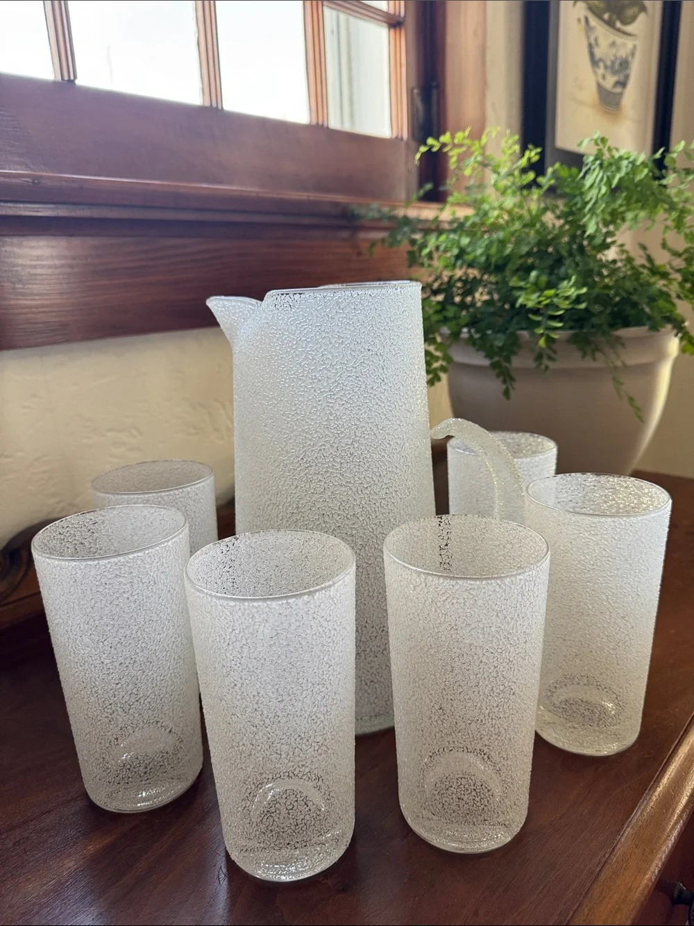 West Virginia Glass Specialty Company Frosted/Beaded Pitcher & Six Glasses